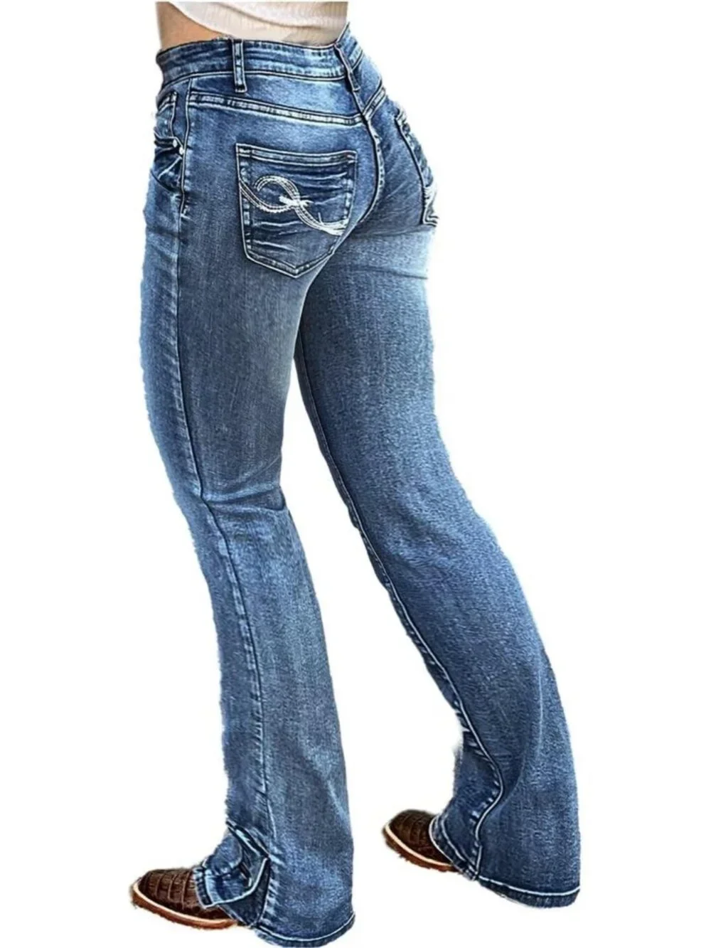 Women's Navy Blue Pull On Mid Rise Flare Leg Zipper Lifting Bootcut Jeans